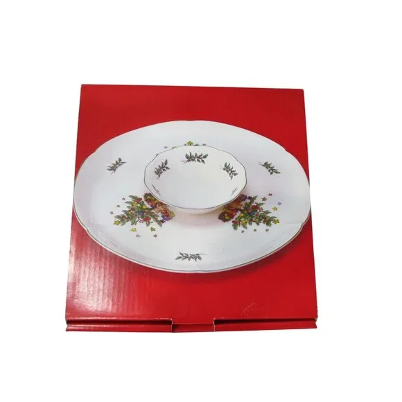Chip and Dip Tray Happy Holidays Christmas Vintage Tree Pattern Nikko Japan - Picture 2 of 13